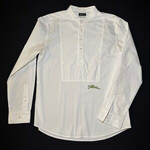 Longchamp Riding Shirt Womens Medium‎ White Band Collar Bib Embroidered Logo